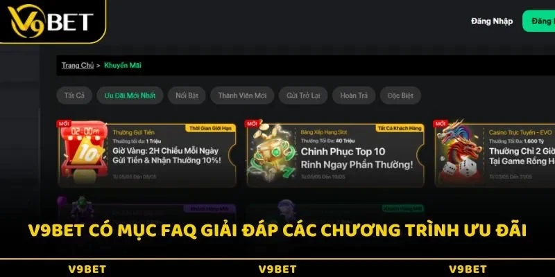 V9BET có mục FAQ giải đáp các chương trình ưu đãi